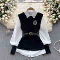 Preppy chic: women's luxury-inspired outfit set - solid color, relaxed fit long sleeve blouse + knit vest (autumn/winter)