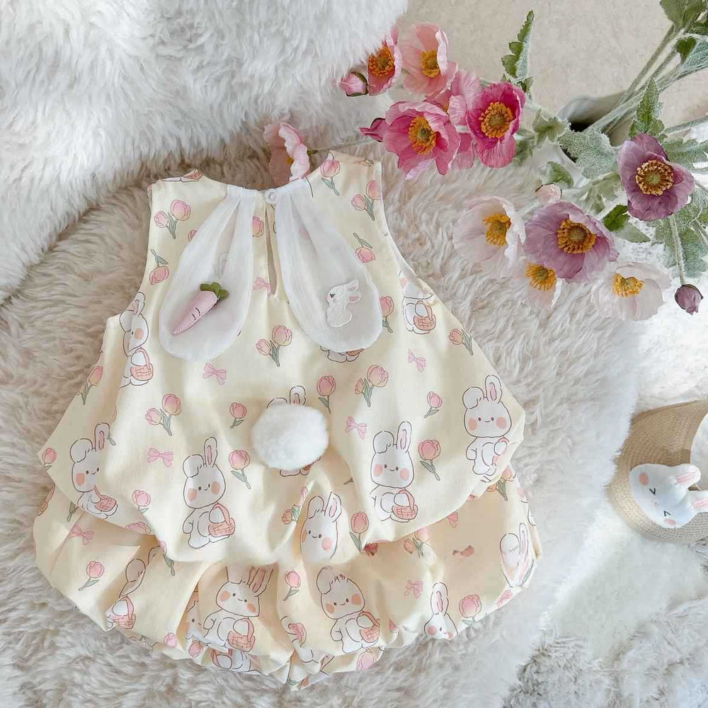 Girls' summer outfit set: new trendy and stylish tank top with bunny ear detail - lightweight two-piece set for kids