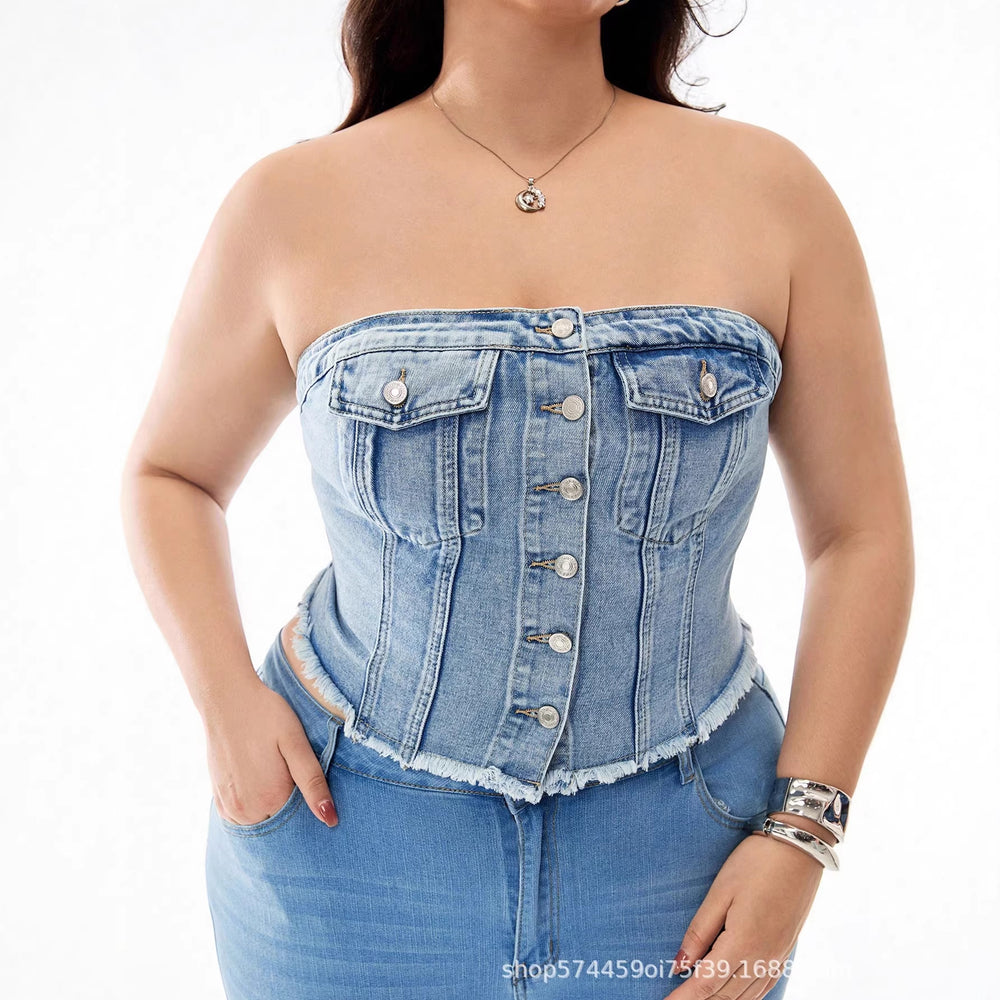 Amazon tiktok pinduoduo foreign trade cross-border fashion american retro plus size tube top denim waist top women