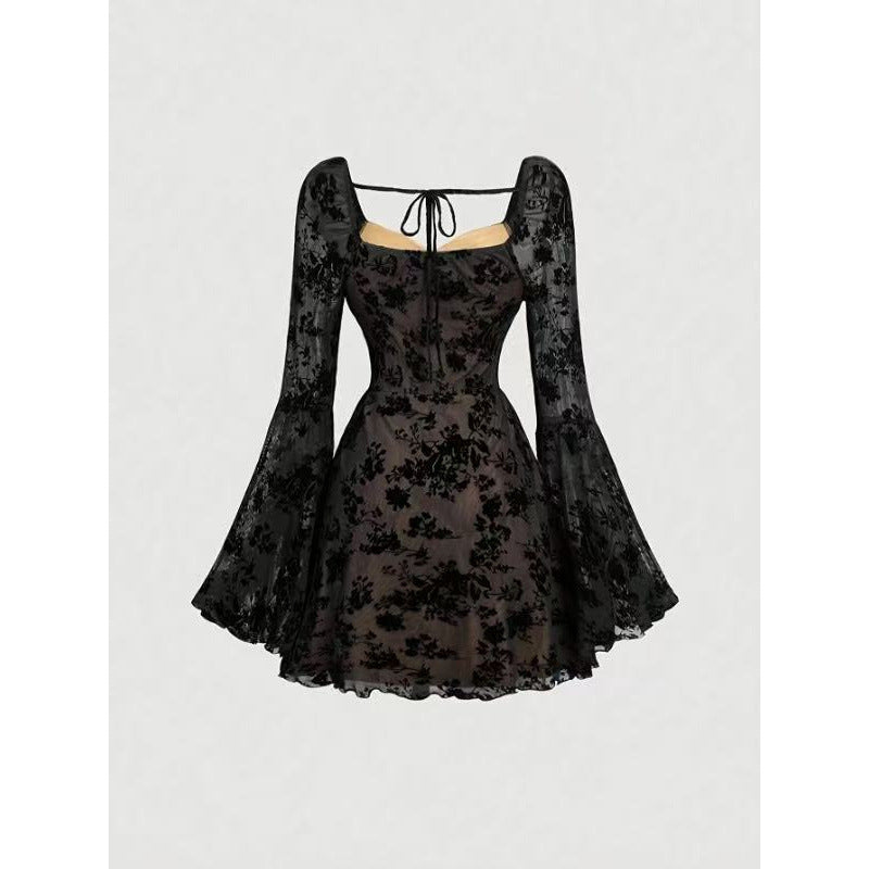 Shipped: cross-border european and american women's apparel -  & independent store - black floral lace a-line cropped top dress