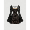 Shipped: cross-border european and american women's apparel -  & independent store - black floral lace a-line cropped top dress