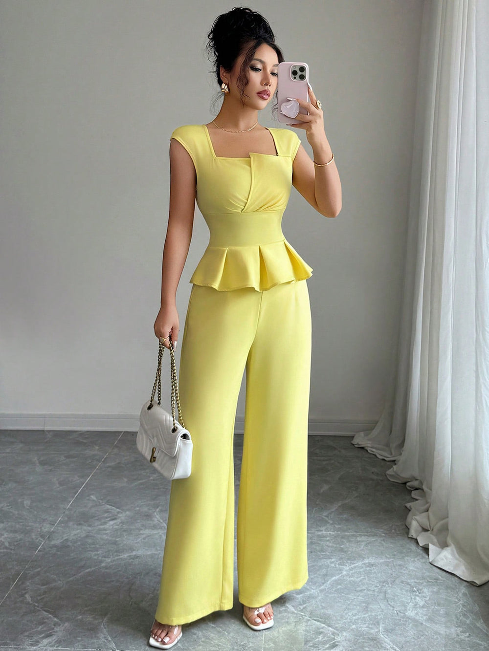 fashion  summer new arrival square neck rufflessuit waist sleeveless tops loose pants two-piece set