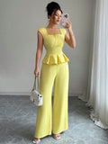 fashion  summer new arrival square neck rufflessuit waist sleeveless tops loose pants two-piece set