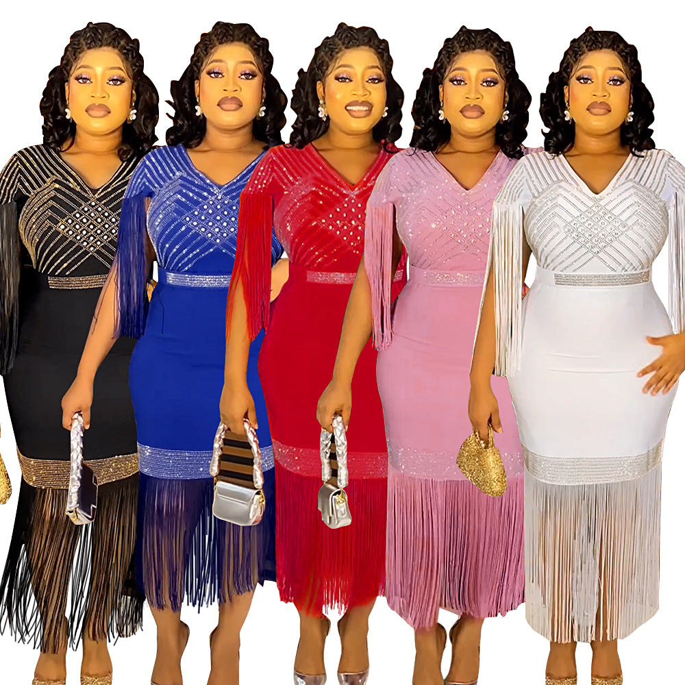 new european and american plus size women's clothing for cross-border e-commerce: african-style rhinestone and tassel dress for  and