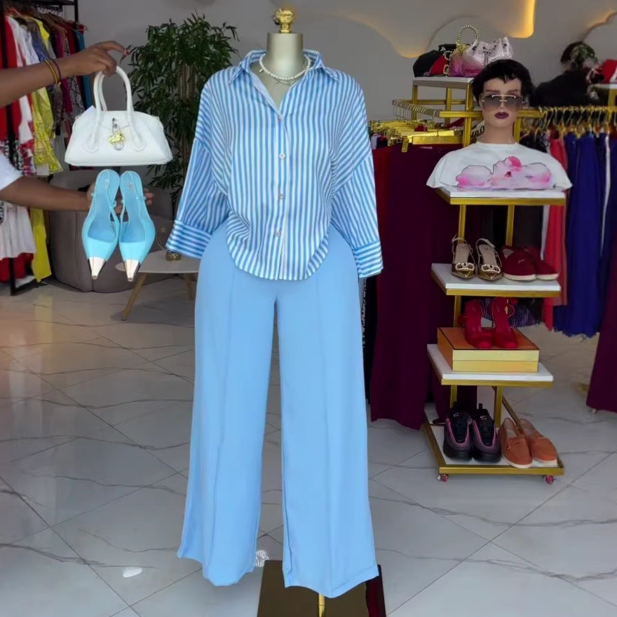 European and american cross-border women's clothing  summer new arrival: elegant casual striped loose-fit shirt and wide-leg pants fashion set