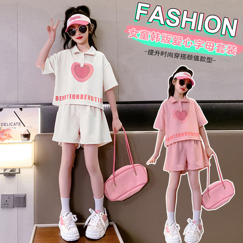 Girls' color block short-sleeve set -  summer new arrival: stylish and chic kids' polo shirt and shorts two-piece outfit