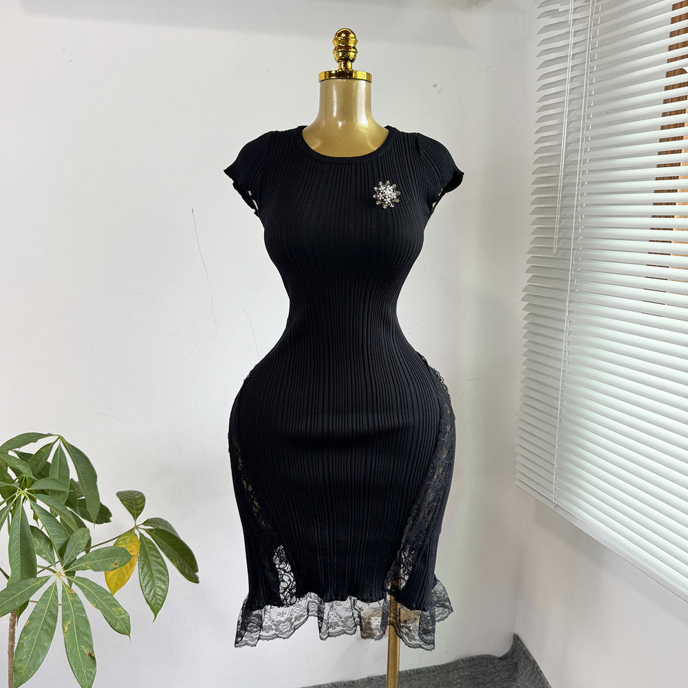 Xiaoxiangfengelegance round neck lacepatchworkshortknittingdress female silm waist slimming look short skirt dress