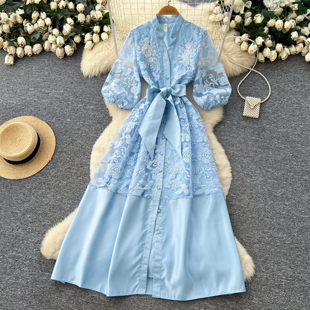Korean style lace a-line embroidered hollow-out dress - women's spring/summer long sleeve slimming waist-defining commute maxi dress - pink