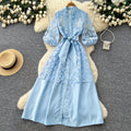 Korean style lace a-line embroidered hollow-out dress - women's spring/summer long sleeve slimming waist-defining commute maxi dress - pink