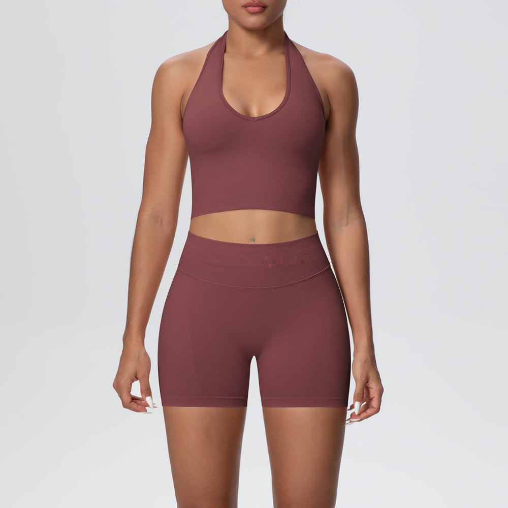 New seamless breathable backless halter bra high-waisted butt-lifting yoga set outdoor running fitness activewear