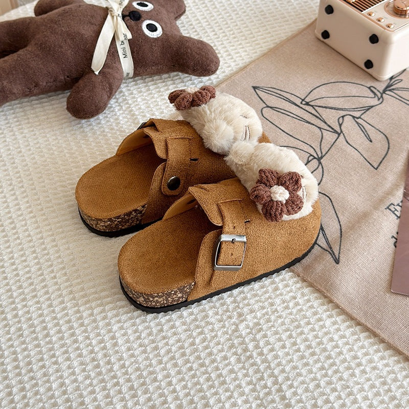 Kids female retro cat birkenstock slippers outwear2025 spring autum cartoon cute plaid girl baotou new arrival