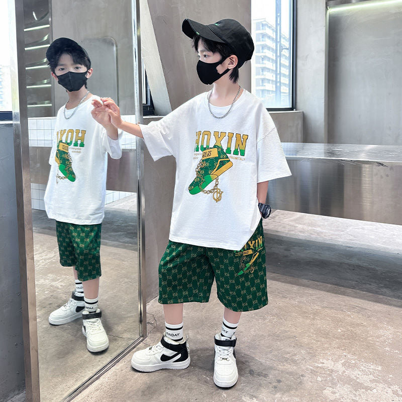 Kids' new  summer t-shirt set: stylish boys' printed casual short-sleeve high-street hip-hop letter print shorts outfit