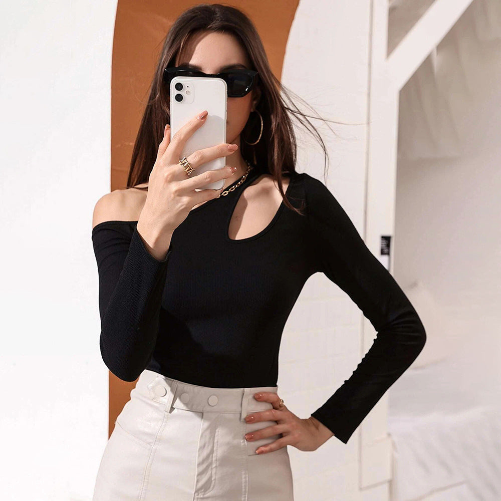 European and american women's clothing  fall/winter new arrivals: sexy cutout, slim-fit, casual long-sleeve women's t-shirt top -  in-stock