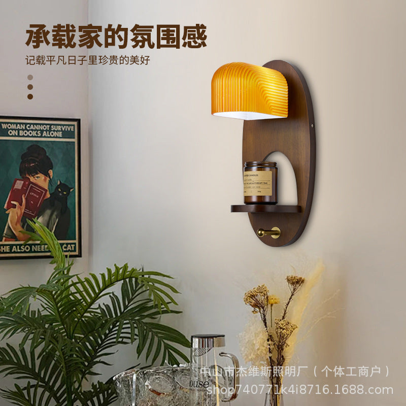 Retro solid wood oval wall lamp with vertical pattern and translucent glass b&b guest room bedside aisle new chinoiserie atmosphere
