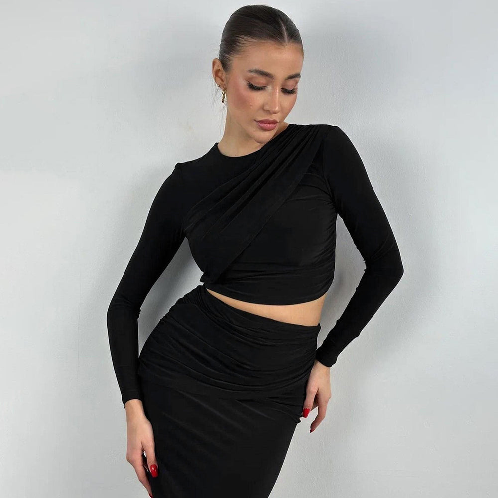 European and american style women's clothing  autumn/winter new arrival: round neck long sleeve cropped top and slim-fit midi skirt two-piece set