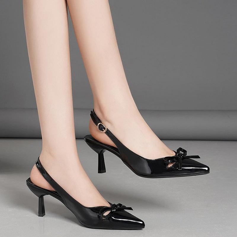 Pointed toe bow detail low-cut stiletto heel closed-toe sandals - women's spring/summer 2025 high heel single shoes with back strap