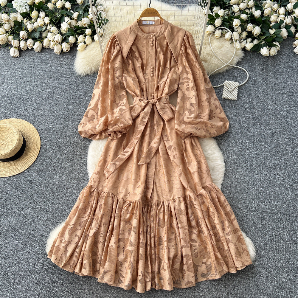 French court style dress - women's autumn collection  - new high-end design with tie waist, lantern sleeves, and lace maxi skirt
