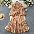 French court style dress - women's autumn collection  - new high-end design with tie waist, lantern sleeves, and lace maxi skirt