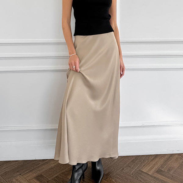 2024 autumn new textured imitation acetic acid satin skirt women's commuter drape khaki high waist long skirt women's clothing