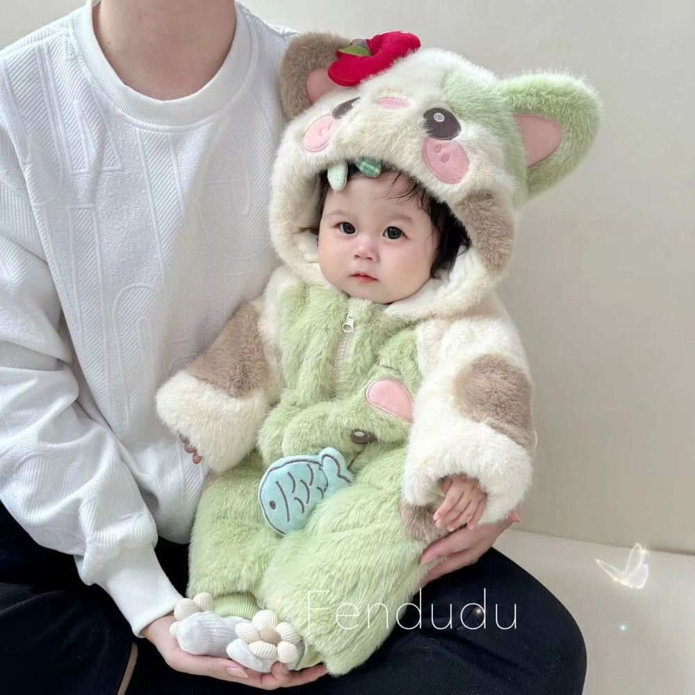 Infant winter fleece-lined thickened warm romper, cartoon winter quilted jumpsuit, thickened fuzzy sweater outfit
