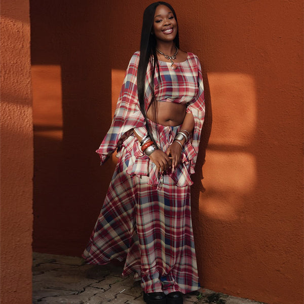 European and American  women's clothing 2025 autumn new fashionable fresh plaid loose top ruffle edge skirt set