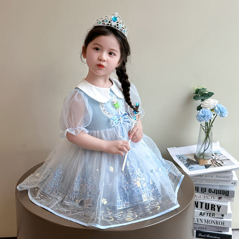 Girls' summer dress - stylish bubble sleeve mesh princess dress - frozen elsa style for little girls