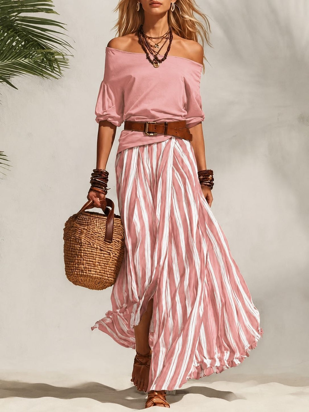 spring/summer new european and american cross-border nautical resort style off-shoulder top and slit skirt women's set