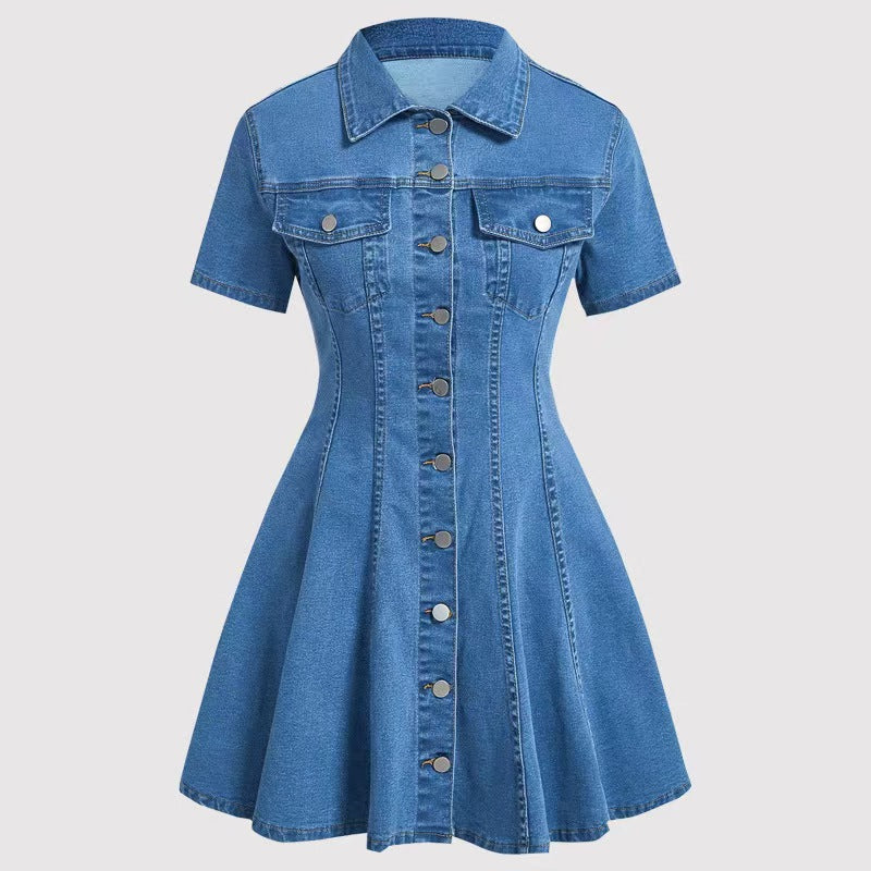 Fashion cross-border women's clothing   independent station new arrival denim short-sleeved cardigan waist dress for women