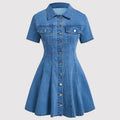 Fashion cross-border women's clothing   independent station new arrival denim short-sleeved cardigan waist dress for women