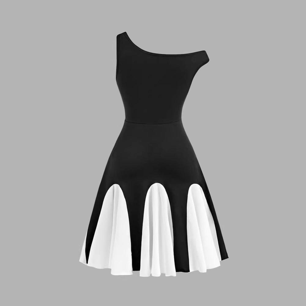 Girls' summer fashion sweet & chic black & white color block asymmetrical one-shoulder ruched waist wave dress