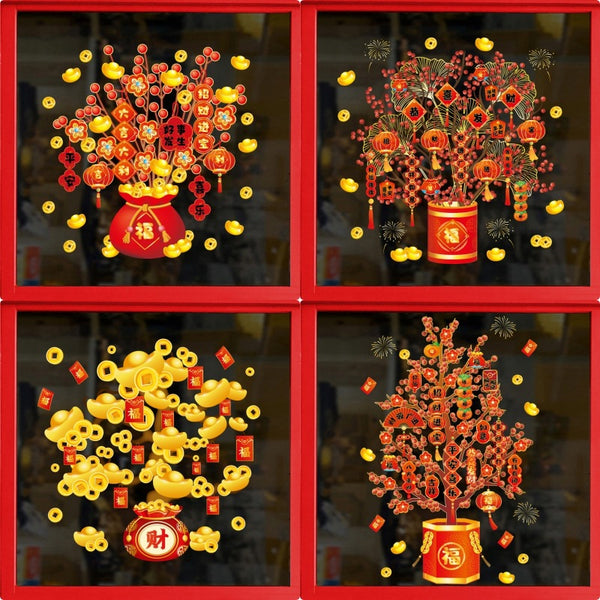 New Year's static sticker window grilles New Spring Festival decoration Fu character fortune tree lucky bag kitchen glass sticker no glue