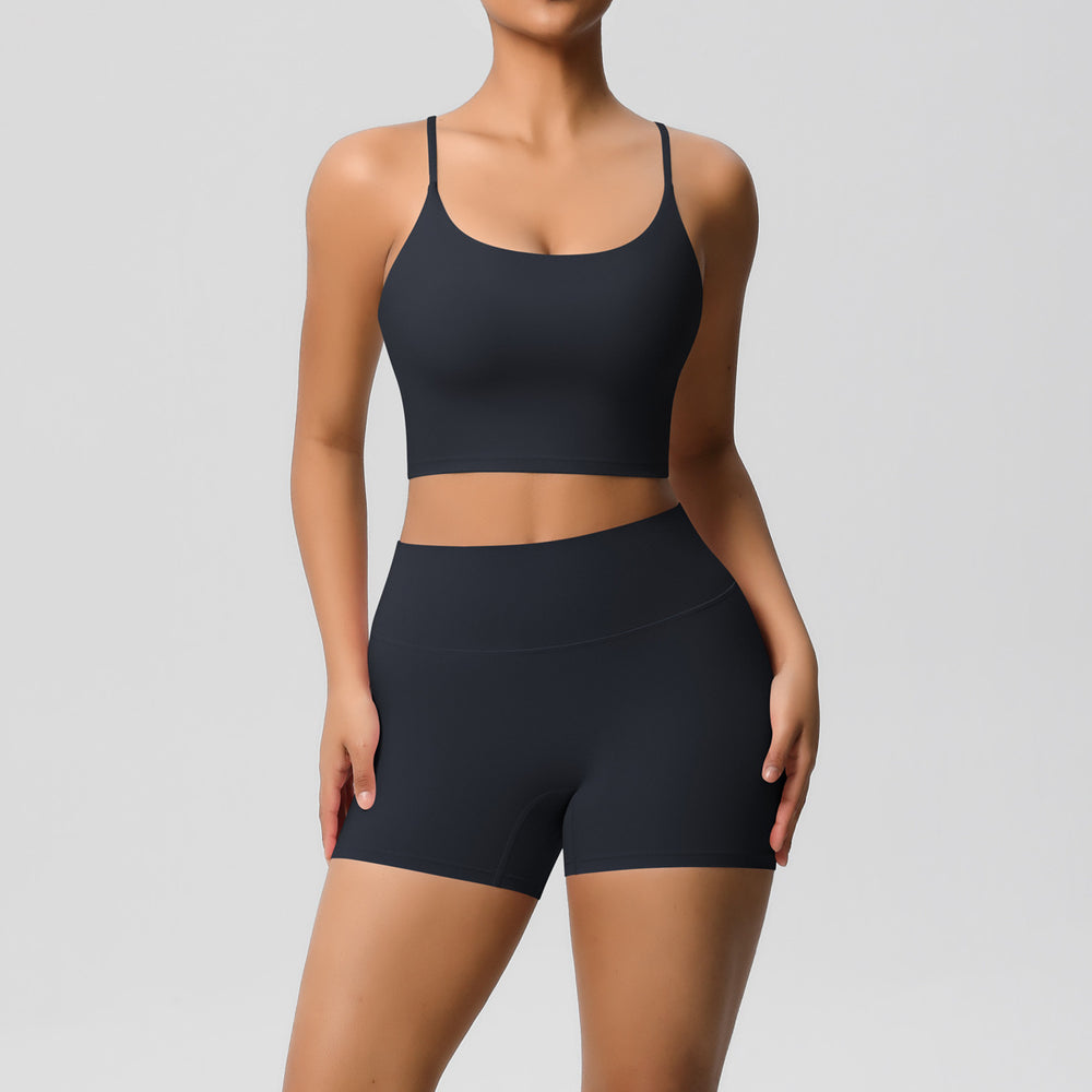 New arrival: cross-border brushed solid color racerback compression breathable yoga set - women's activewear running & fitness shorts set