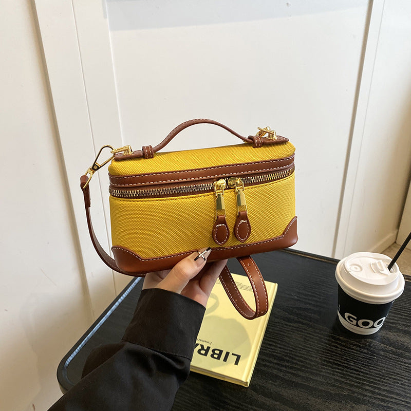 European and American retro fashion portable box small square bag women's 2024  new canvas contrasting color splicing messenger bag