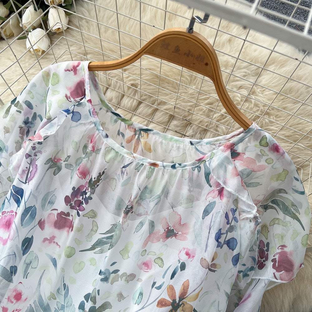 French chic white floral long sleeve dress - women's summer ruffle trim high waist, elegant, age-defying, vacation style