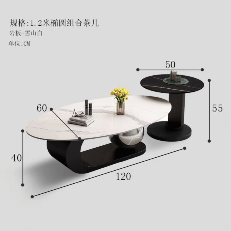 Sintered stone coffee table - italian light luxury living room home decor - oval modern small apartment black and white high-end design coffee table set