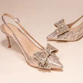 Stiletto pointed-toe bridal sandals with closed toe – 2026 summer new collection – bowknot high heels with sequin rhinestone detail – bridesmaid shoes