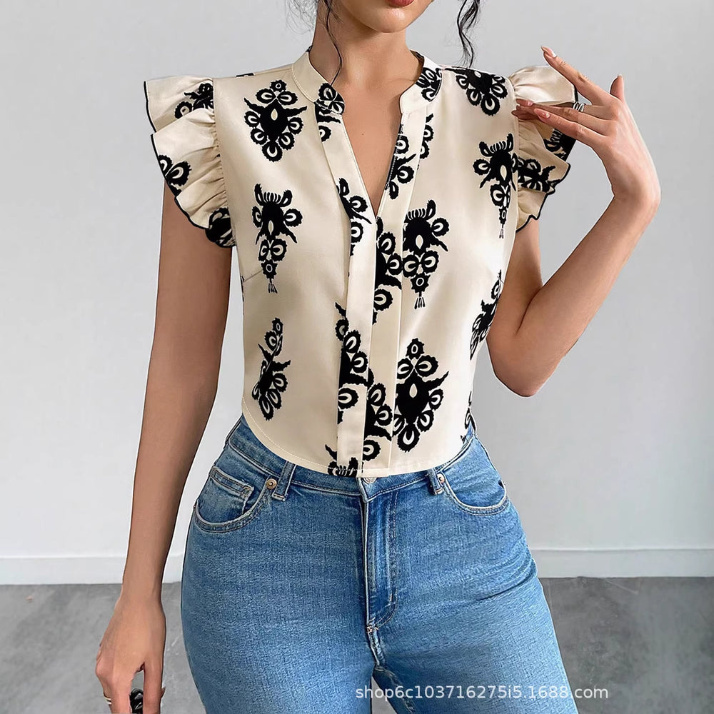 European and american cross-border women's  new print ruffle trim short sleeve top, v-neck single-breasted button-down blouse