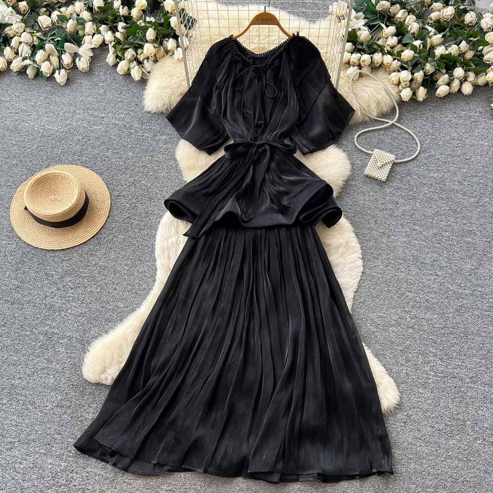 Thousand gold wind pressure pleated elegancenobledress women's summer strap waist slimming look a-line large swing skirt orange classy