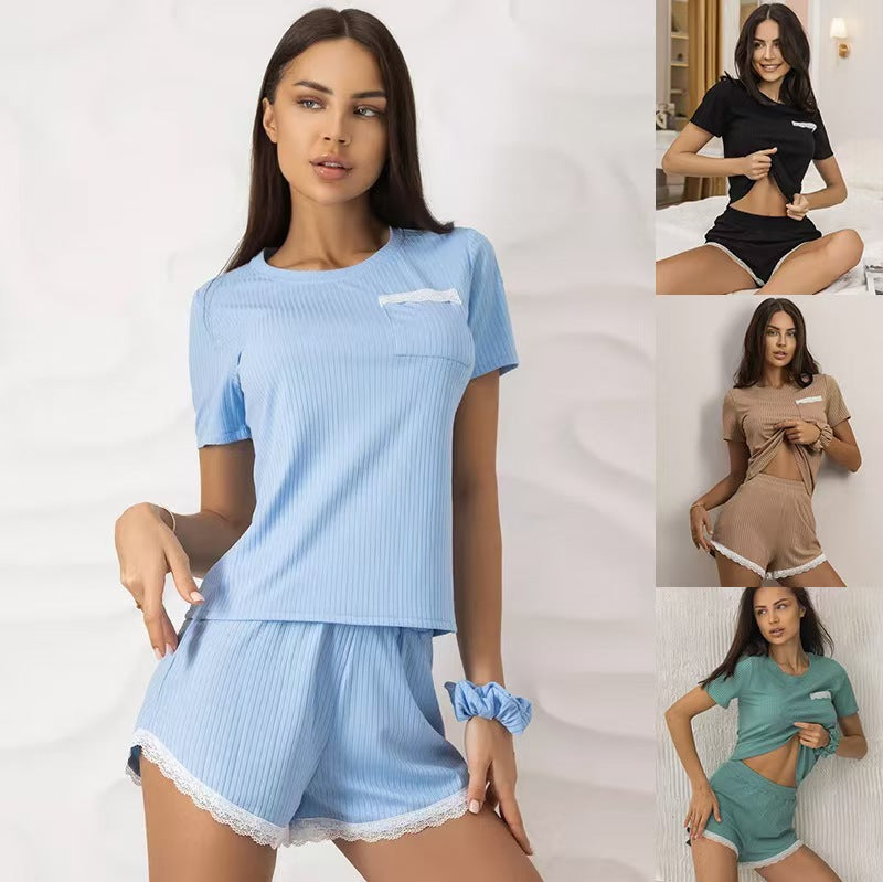 new women's loungewear set: european and american style casual sexy flutter sleeve cami top with ribbed lace-trimmed shorts