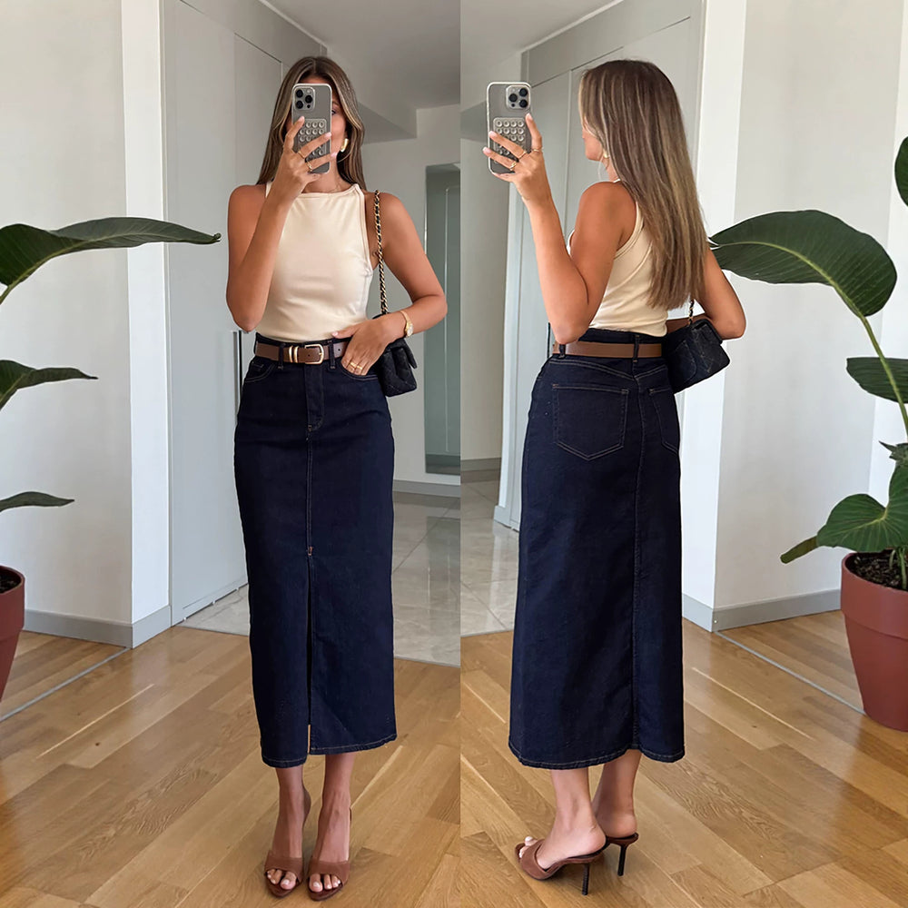 Retro dark blue high waist denim skirt women's medium longstraight-legelegant long skirt work clothingeasiest for matchslimming look skirt
