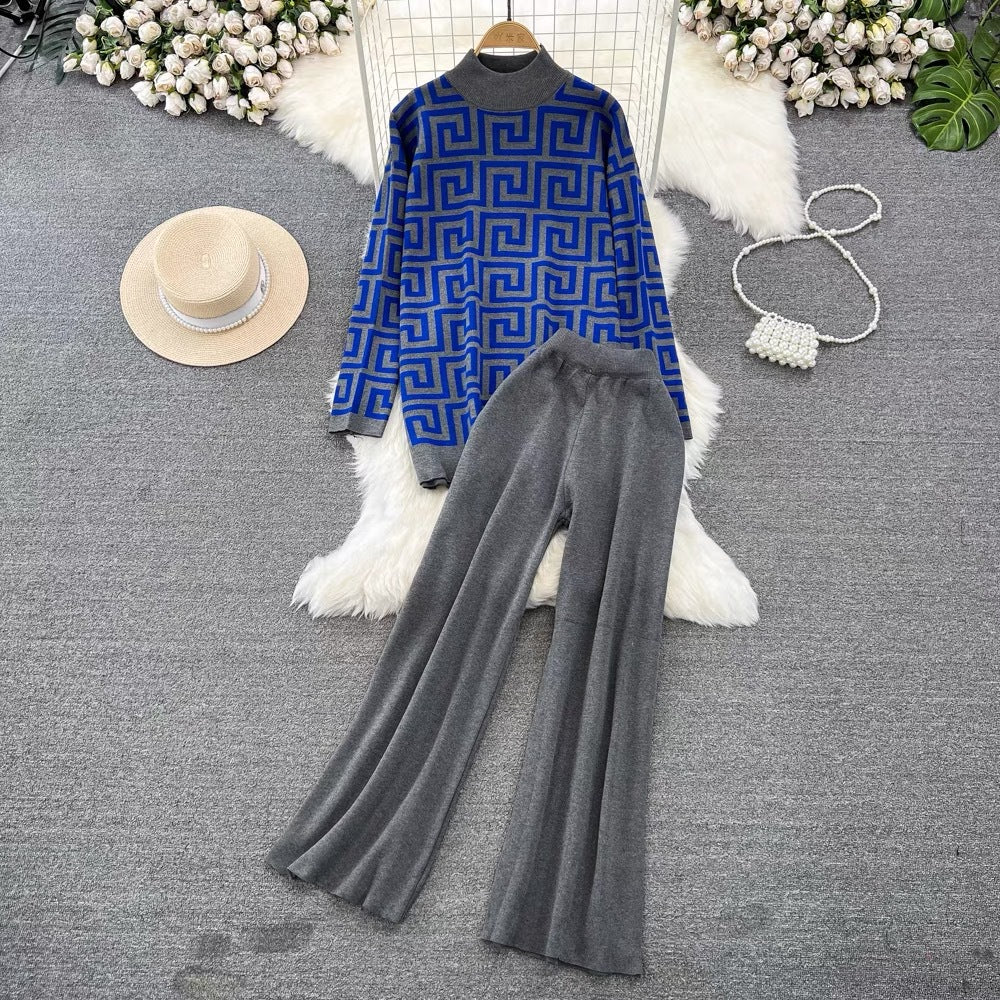 Fashionsuitk-stylelong sleeves stand collar loose jacquard knittingsweatertwo-piece sethigh waistslimming lookstraight-legloose pants