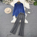 Fashionsuitk-stylelong sleeves stand collar loose jacquard knittingsweatertwo-piece sethigh waistslimming lookstraight-legloose pants