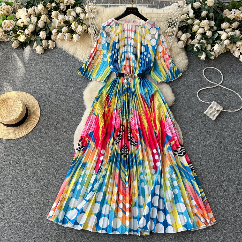 European and american retro court style design printed long dress with heavy pleating, puff sleeves, and pleated skirt - spring collection for women