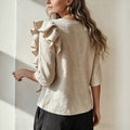 exclusive supply to europe and the us:  summer french ruffle plaid shirt, v-neck, loose fit, mid-sleeve cotton linen top