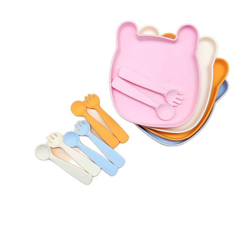Cross-border food-grade silicone dinner plate, cartoon rabbit shape non-slip and anti-dirty, dinner plate fork and spoon set feeding tableware