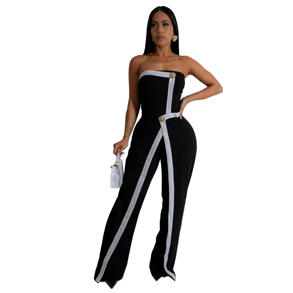 C7205 cross-border   fashion women's sexy bandeau sleeveless backless button jumpsuit