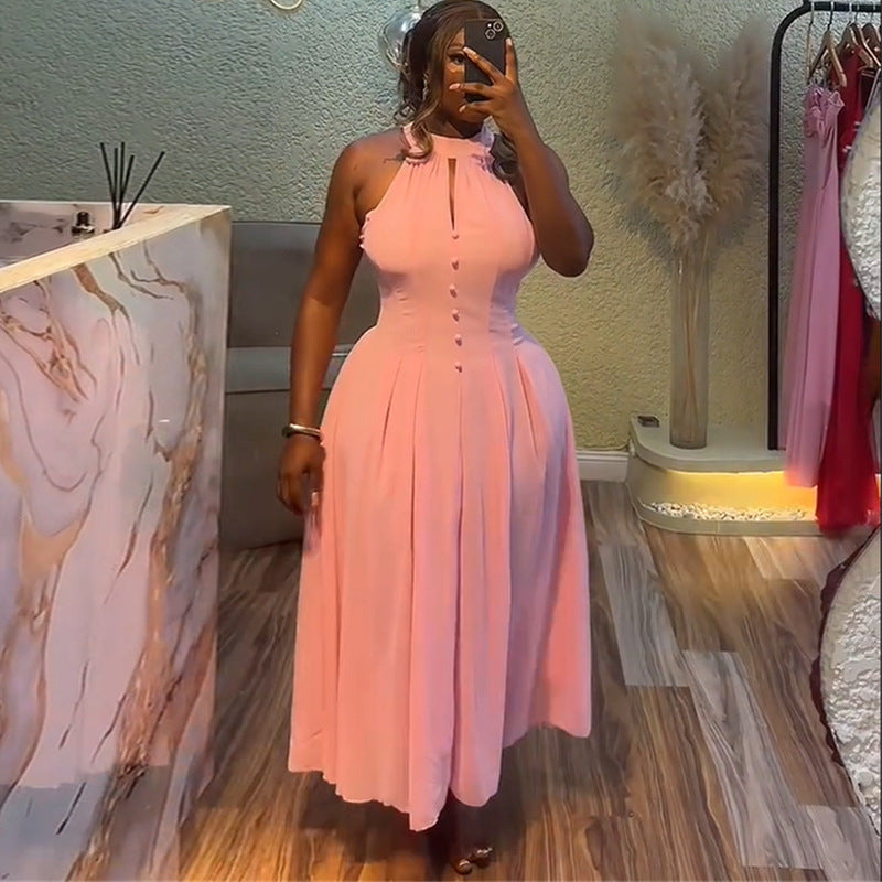 European and american cross-border women's fashion:  summer new arrival - elegant halter neck sleeveless slim-fit pink midi dress