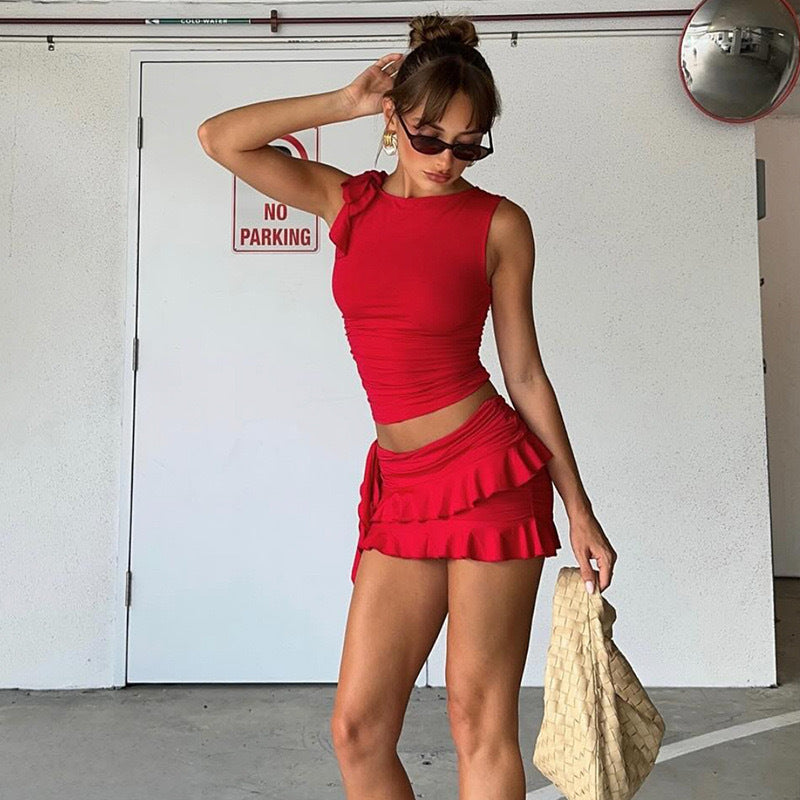 european and american cross-border summer new women's sleeveless round neck slim-fit tank top and mini skirt two-piece set