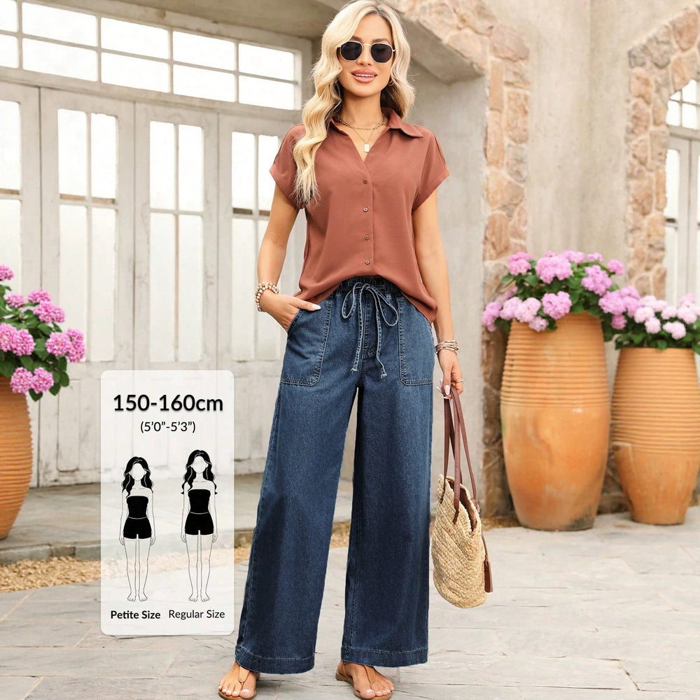 European and american style women's dark blue washed drawstring waist wide leg jeans - casual, oversized, with large patch pockets