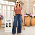 European and american style women's dark blue washed drawstring waist wide leg jeans - casual, oversized, with large patch pockets